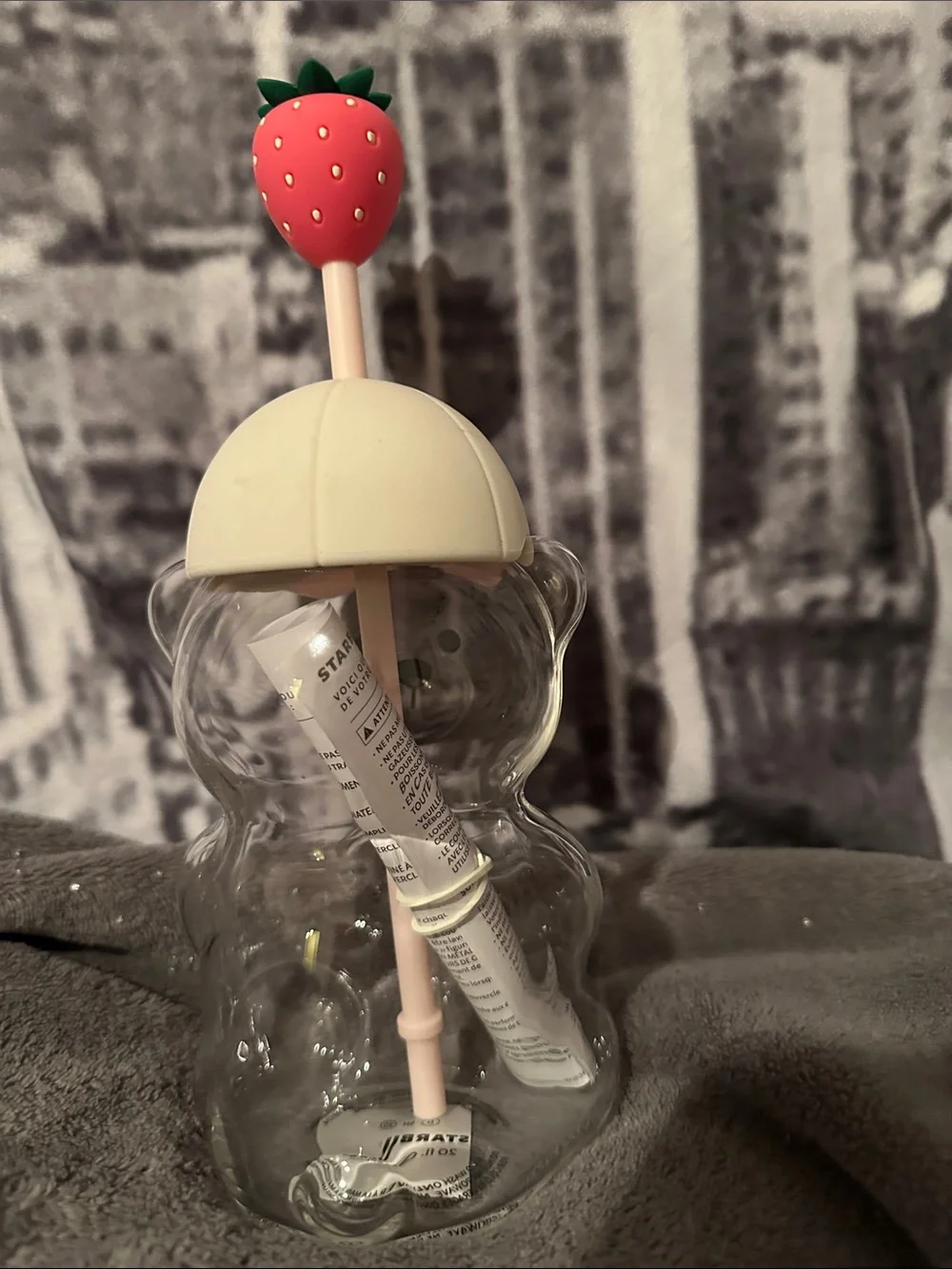 Starbucks Clear Bear Tumbler with Pink Strawberry Straw Charm